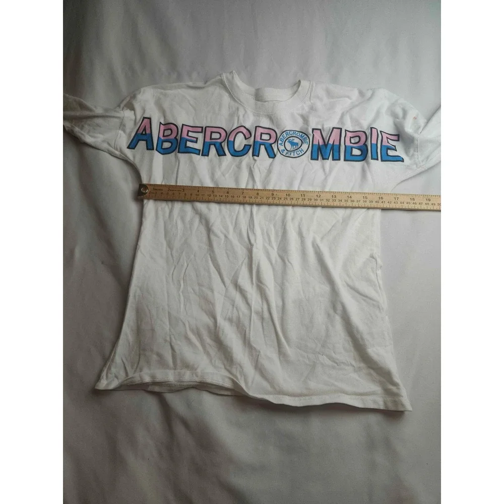Abercrombie Kids White Long Sleeve Graphic Logo Tee Pink Blue Size 11/12